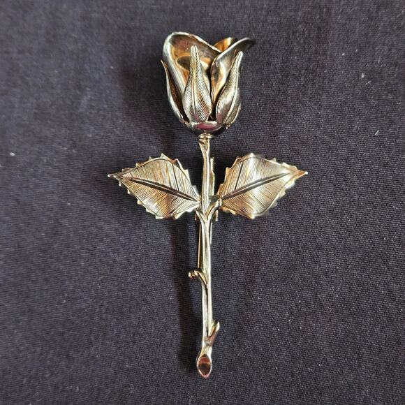 Vintage Stem Rose Gold Tone Brooch Pin 3" Flower 3D - Picture 1 of 4